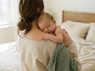 Mutter hält ihr schlafendes Neugeborenes an der Schulter