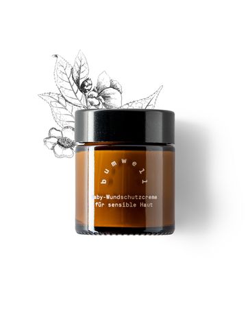 bumwell Baby-Wundschutzcreme Produktfoto mit botanischen Illustrationen - 100% Naturkosmetik mit Bio-Schwarztee und Eichenrinde