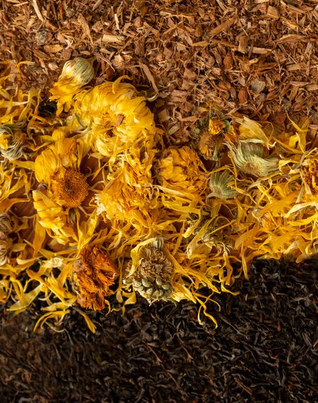 Bio-Ringelblumen, Schwarztee und Eichenrinde getrocknet - Inhaltsstoffe der bumwell Essentials Kräutermischung