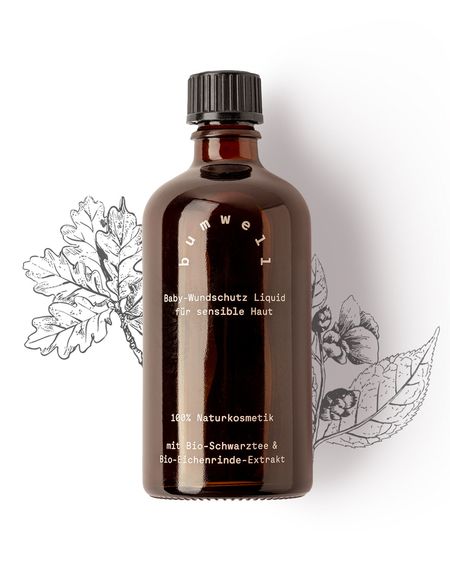 bumwell Baby-Wundschutz Liquid Produktfoto mit botanischen Illustrationen - 100% Naturkosmetik mit Bio-Schwarztee und Eichenrinde