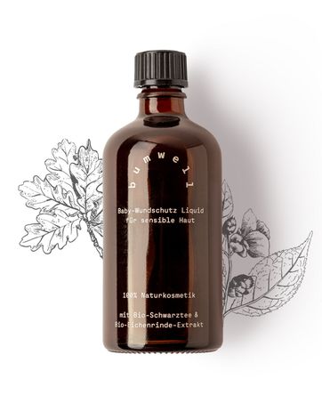 bumwell Baby-Wundschutz Liquid Produktfoto mit botanischen Illustrationen - 100% Naturkosmetik mit Bio-Schwarztee und Eichenrinde