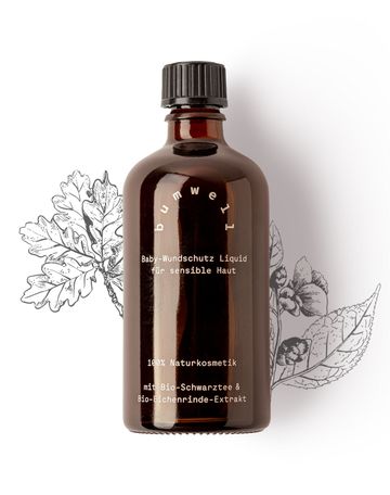 bumwell Baby-Wundschutz Liquid Produktfoto mit botanischen Illustrationen - 100% Naturkosmetik mit Bio-Schwarztee und Eichenrinde